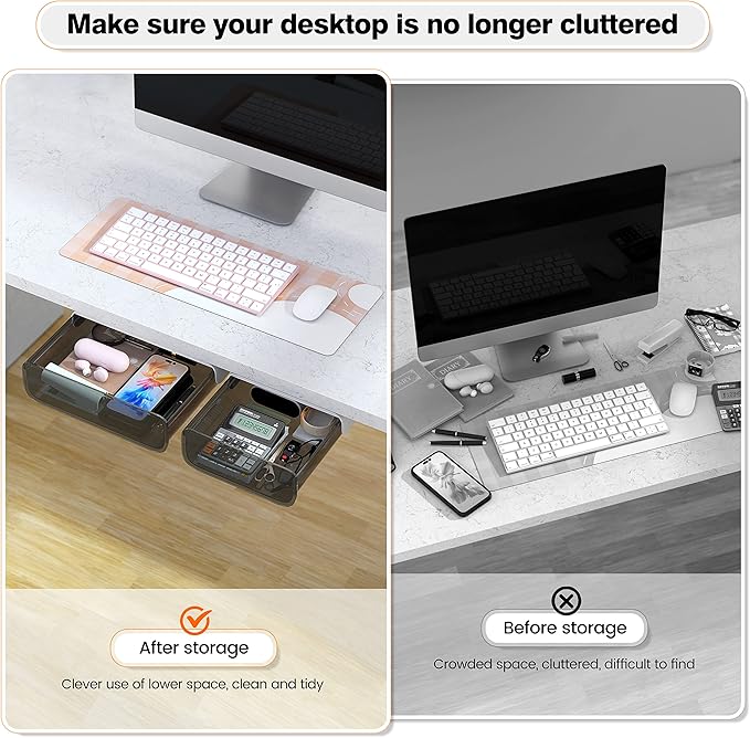 2 Pack Acrylic Self Adhesive Under Desk Drawer Slide Pull Out, Stick on Attachable Clear Black Plastic Storage Organizer, Hanging Mounted Attachment for Office, Kitchen, Cabinet, Table, Counter