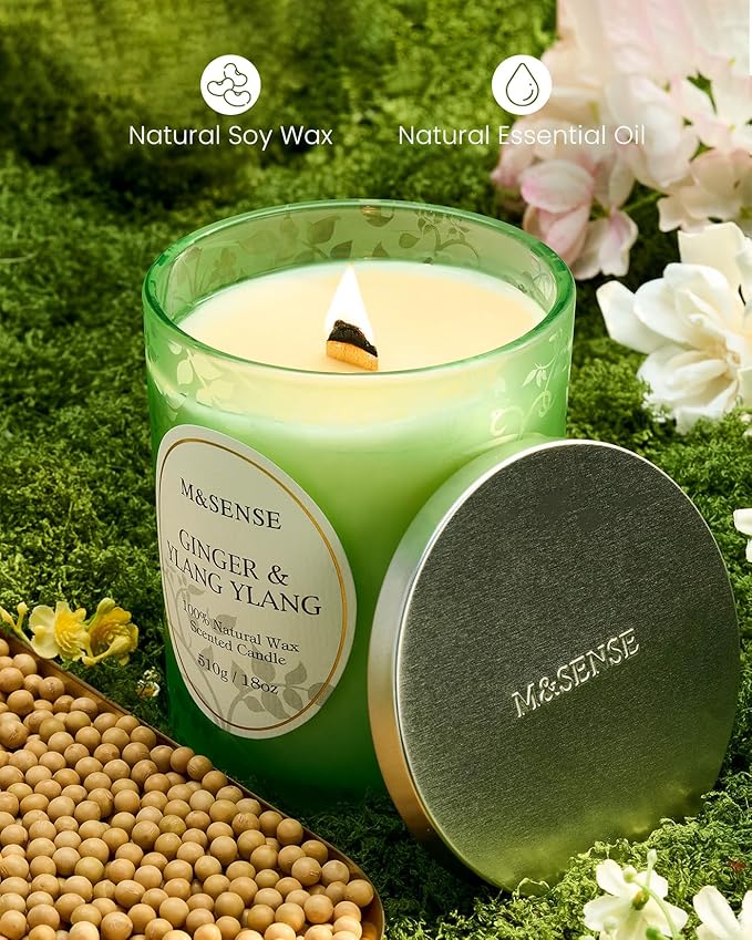 M&SENSE Wooden Wick Scented Candles, Ginger YlangYlang Candles, 100 Hours Slow Burning No Toxin Natural Soy Wax 18oz, Stress Relief Relax Romance Home Fragranfce, Gifts for Her Him