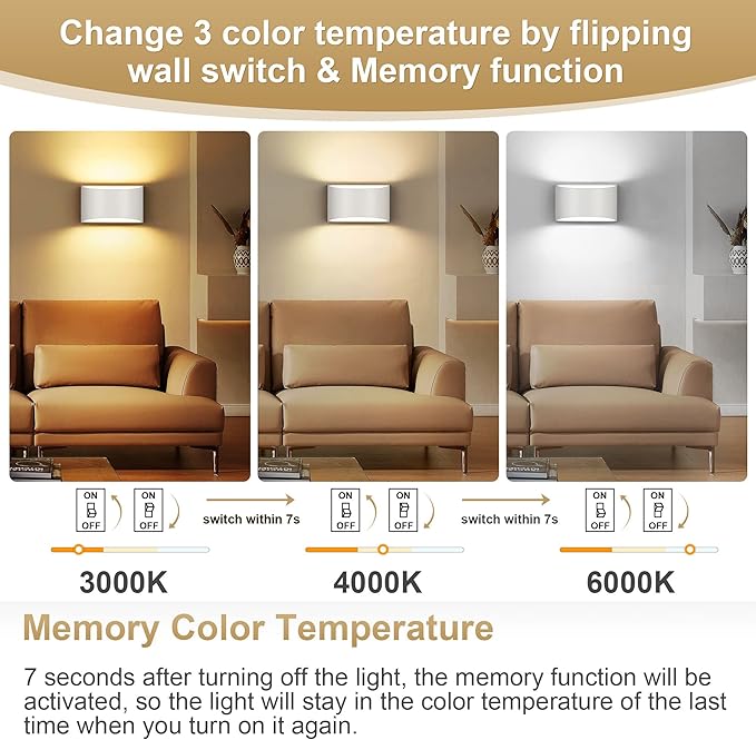 TRLIFE Dimmable Wall Sconces, 3000K/4000K/6000K Selectable Modern Wall Sconce 12W LED Aluminum Wall Mounted Light Set of 2 Hardwired Wall Lights for Bedroom Bedside Living Room Stairway (White, 2P)