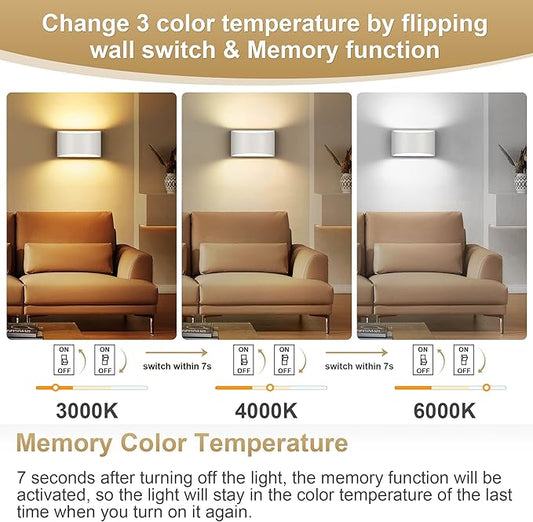 TRLIFE Dimmable Wall Sconces, 3000K/4000K/6000K Selectable Modern LED Wall Sconce 12W Aluminum Wall Mounted Light Hardwired Wall Lights for Bedroom Bedside Living Room Stairway (White, 1 Pack)