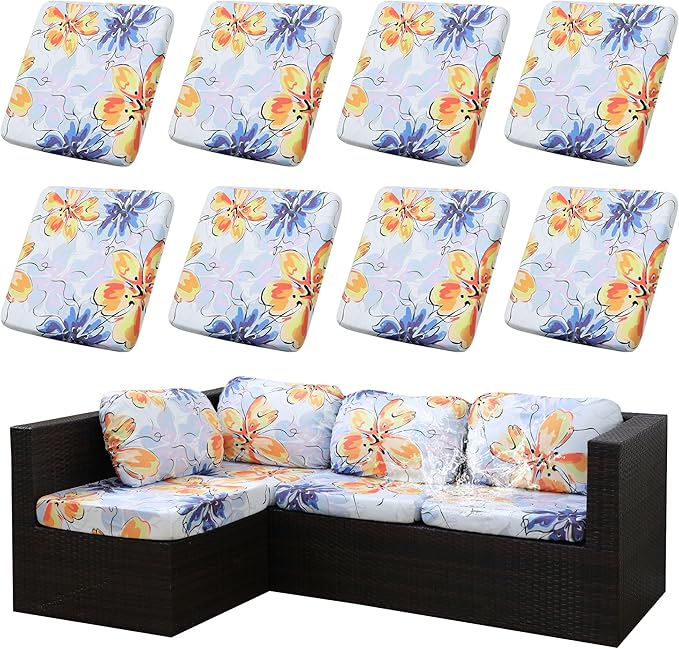 8Pcs Stretch Patio Cushion Covers Outdoor Cushion Cover, Jacquard Stretch Cushion Covers, Cover Replacement, Outdoor Sofa Covers, Washable Furniture Couch Cushion Cover (Mystery Sea)