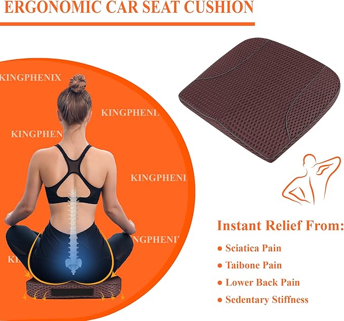 kingphenix Premium Car Seat Cushion, Memory Foam Driver Seat Cushion to Improve Driving View- Coccyx & Lower Back Pain Relief - Seat Cushion for Car, Truck, Office Chair (4D Mesh Brown)