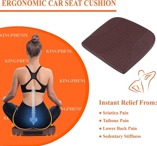 kingphenix Premium Car Seat Cushion, Memory Foam Driver Seat Cushion to Improve Driving View- Coccyx & Lower Back Pain Relief - Seat Cushion for Car, Truck, Office Chair (4D Mesh Brown)