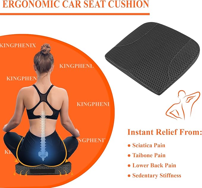 kingphenix Premium Car Seat Cushion, Memory Foam Driver Seat Cushion to Improve Driving View- Coccyx & Lower Back Pain Relief - Seat Cushion for Car, Truck, Office Chair (4D Mesh Black)