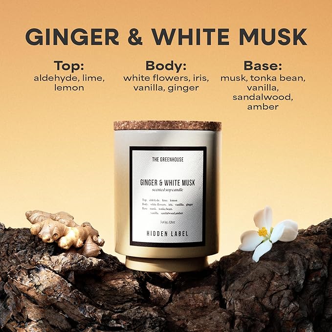 Hidden Label Ginger & White Musk Soy Candle, 12oz/75-Hour Burn Time, 100% Natural Soy Wax, Aromatherapy Candle for Stress Relief, Meditation, Yoga & Relaxation