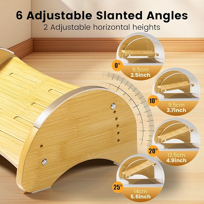 Bamboo Foot Rest for Under Desk at Work, Reversible Ergonomic Rocking Office Foot Rest, 6 Heights Adjustable & Non-Slip Mats with Foam Cushion, Under Desk Footrest for Home Office