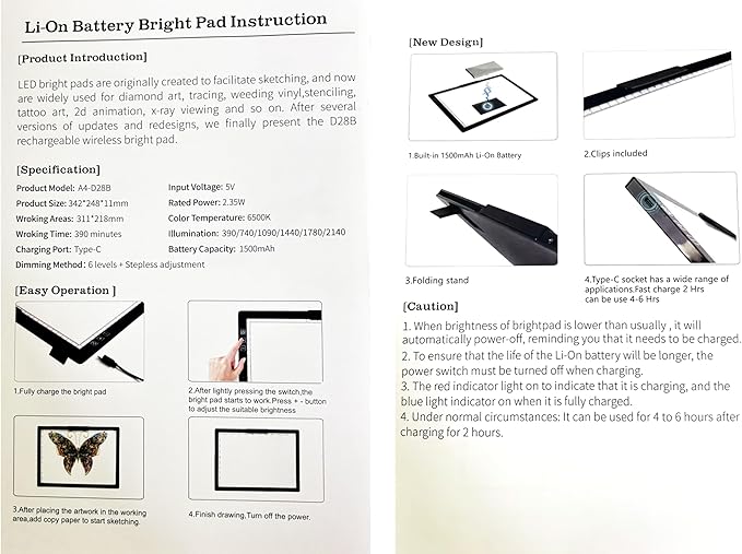 Wireless Rechargeable A4 LED Light Pad w/Built-in Riser Stands, 6 Levels of Brightness, Evenly Illuminated Light Box for Tracing and Weeding Vinyl, Slim and Lightweight Diamond Painting Light Board