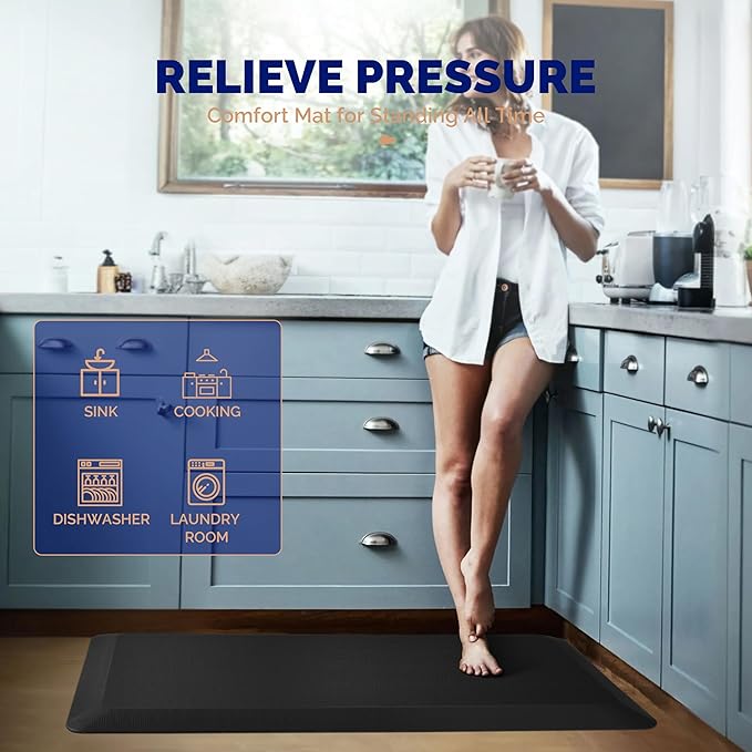 FEATOL Anti Fatigue Mat for Kitchen Floor, 9/10 Inch Thick Anti Fatigue Cushioned Floor Mat, Comfort Memory Foam Standing Padded for Sink, Kitchen, Home (Black, 24x70x9/10-Inch)