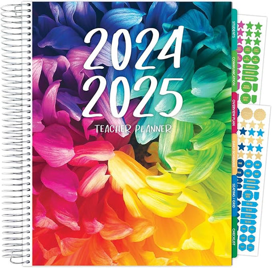 Aug 2024-Jul 2025 Deluxe Teacher Planner Notebook 8.5x11 Daily Weekly Monthly Organizers with 7 Periods, Pocket Folder, Dated Calendar, Page Tabs, Bookmark and Planning Stickers (Rainbow Petals)