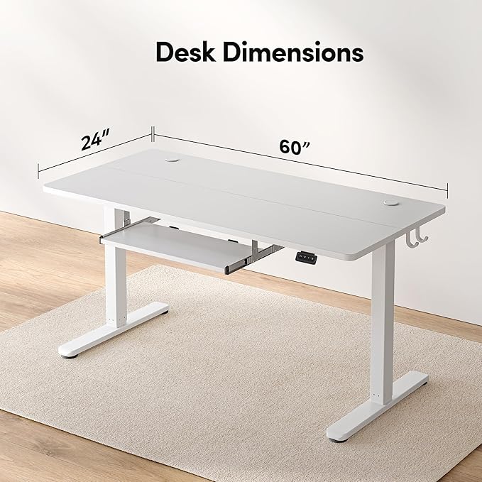FEZIBO Standing Desk with Keyboard Tray, 60 x 24 Inch Adjustable Height Sit Stand Desk with Memory Presets for Home Office, Ergonomic Computer Workstation, White
