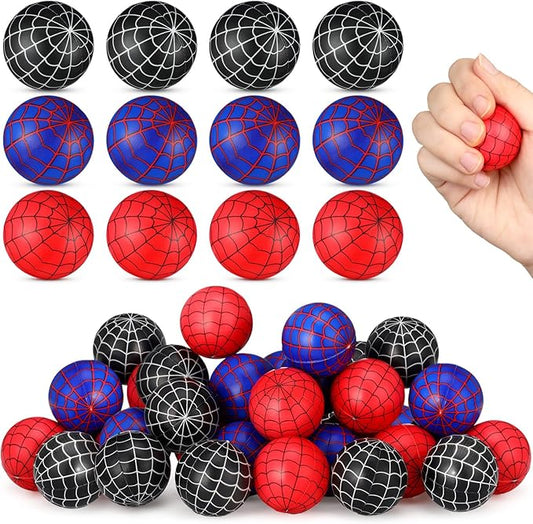 Meooeck 24 Pcs Spider Web Stress Balls Bulk 1.57 Inch Relief Stress Balls Mini Foam Anxiety Fidget Toys Squeeze Sensory Toys Squishy Blue Red Black Spider Web Finger Exercise Birthday Party Favors