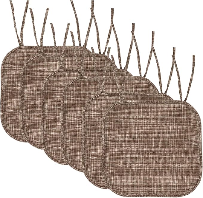 Sweet Home Collection Chair Cushion Memory Foam Pads with Ties Honeycomb Pattern Slip Non Skid Rubber Back Rounded Square 16" x 16" Seat Cover, 6 Pack Aria Dark Brown