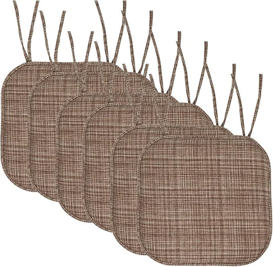 Sweet Home Collection Chair Cushion Memory Foam Pads with Ties Honeycomb Pattern Slip Non Skid Rubber Back Rounded Square 16" x 16" Seat Cover, 6 Pack Aria Dark Brown