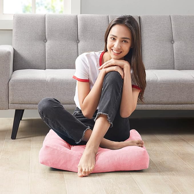 Meditation Floor Pillow Pink, Square Large Pillows Seating for Adults, Tufted Corduroy Cushion for Living Room Tatami, 22x22 Inch, 1 Count (Pack of 1)