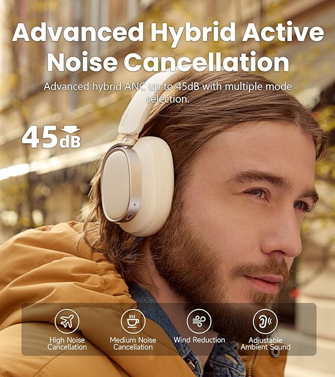 Edifier Active Noise Cancelling Headphones, Over Ear Bluetooth Headset, 92H Playtime Wired & Wireless Hi-Res Audio Certified, Fast Charging Clear Calls for Home Office Travel - Ivory