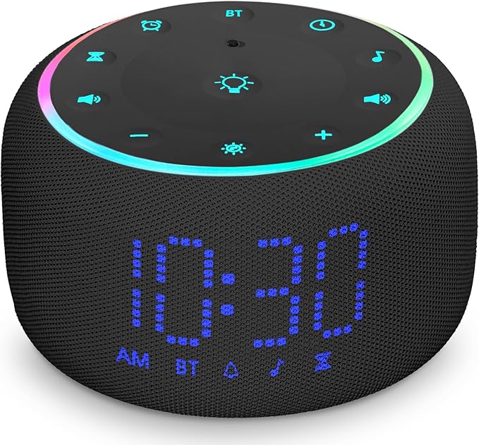 White Noise Machine Alarm Clock: Auto-Dimmable Clock for Bedrooms - 5W Stereo Bluetooth Speaker - Sound Machine with 24 Sleep Sounds for Adults Kids