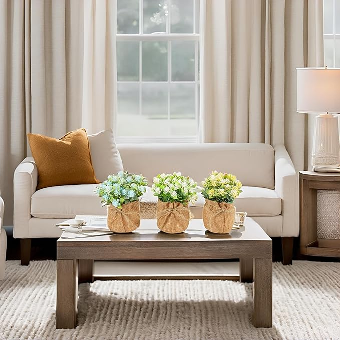 Velener Artificial Flowers in Small Burlap Bag Vases 3Pcs - Faux Flowers Farmhouse, Fake Plants Home Coffee Table Bookshelf Office Desk Decorations Kitchen Dining Room Indoor(White/Yellow/Blue)