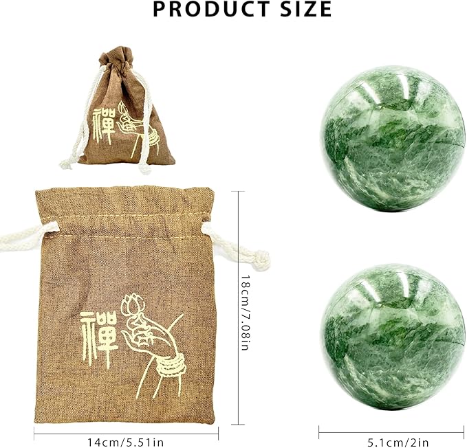 2" Natural Jade Green Baoding Balls with Carry Pouch Hand Balls Healthy Stress Fitness Ball Chinese Fitness Stress Ball Handicraft Collection