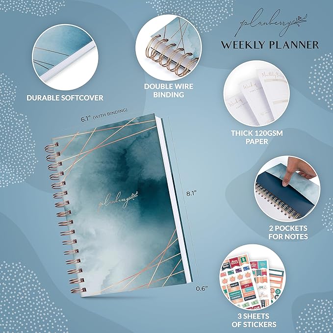 PLANBERRY Weekly Planner – Undated Life Organizer & Budget Planner – Time Management, Goal Setting, To-Do List, Work-Life Balance & Habit Tracker – 6.1″ x 8.1″ (Ocean Depths)