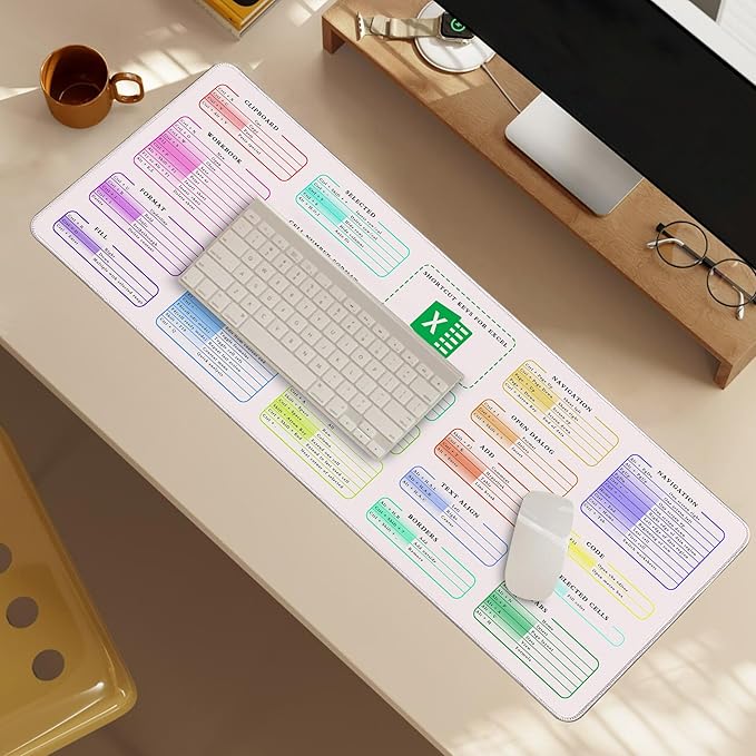 Excel Cheat Sheet Desk Pad, 31.5"x11.8", Waterproof Extra Large Excel Shortcut Mat with Stitched Edges, Anti-Slip Excel Mouse Pad for Office Desk, MS Excel/Word Shortcuts (White Shortcut Key C)