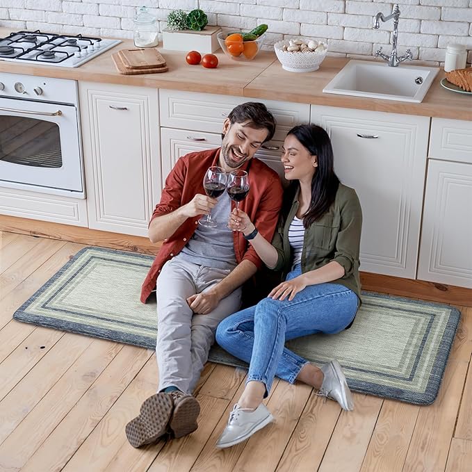 KIMODE Farmhouse Kitchen Runner Rug,17.3" x 59" Anti Fatigue Kitchen Mats for Floor Cushioned,Non-Skid Waterproof Kitchen Floor Standing Mat for Front Sink,Laundry Room,Blue and Gray