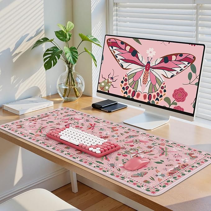 iCasso Pink Desk Pad Mat, XXL Large Mouse Pad, Desk Matt for Desktop, Anti-Slip Big Mousepad with Stitched Edges, Mouse Mat for Computer(Pink)