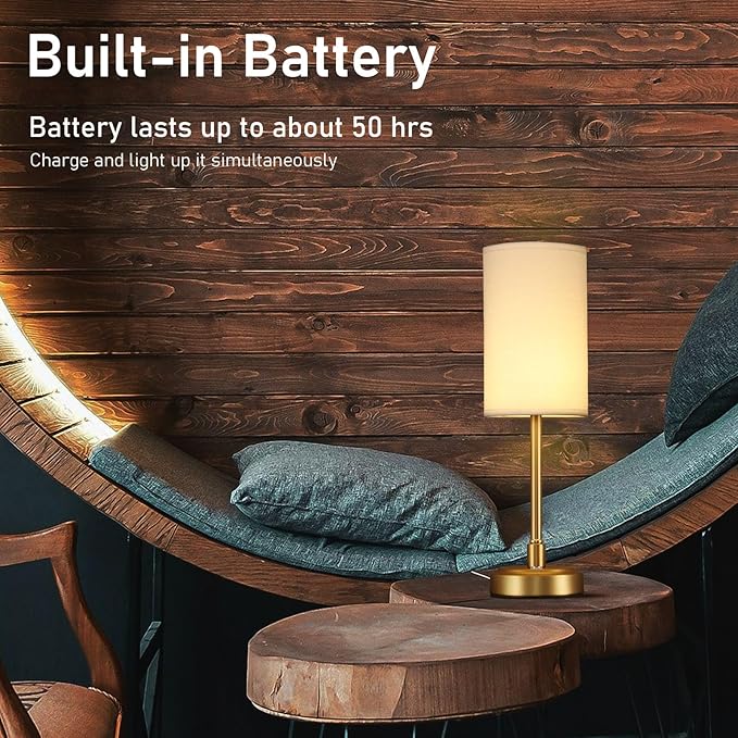 Small Cordless Touch Lamps for Nightstand Lamp Battery Operated Rechargeable Lamp, Portable 3 Colors Stepless Dimmable Fabric Shade Night Light for Restaurant/Bedroom/Outdoor (White+Brass)