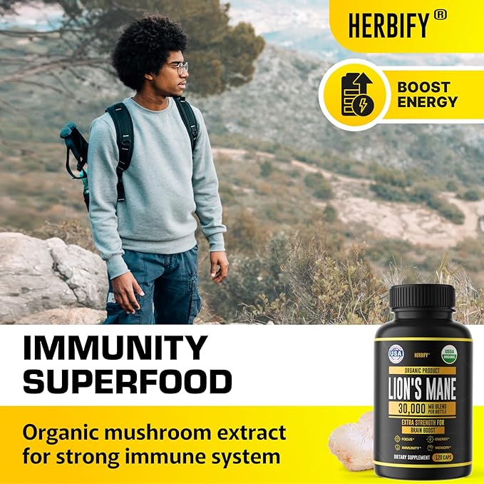 HERBIFY Lions Mane Supplement - Daily Mushroom Supplement for Memory, Focus & Clarity - Brain Booster - Lions Mane Capsules for Natural Immune Support - Vegan, Organic - 120 Capsules