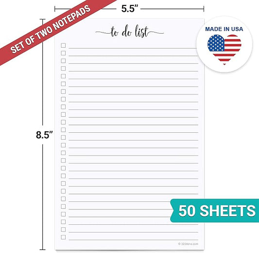 321Done To Do List Notepad - Pack of 2-50 Sheets (5.5" x 8.5") To-Do's Notepad Tear Off, Planning Memo Pad, Planner Checklist Organizing - Made in USA - Simple Script - College-Ruled