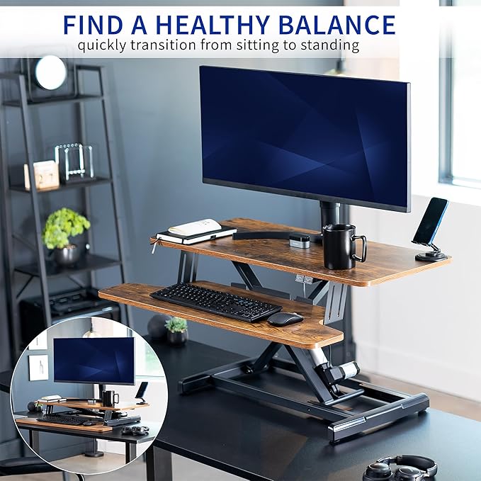 VIVO 36 inch Electric Motor Desk Converter, Height Adjustable Riser, Sit to Stand Dual Monitor and Laptop Workstation with Wide Keyboard Tray, Vintage Brown, DESK-VE36N