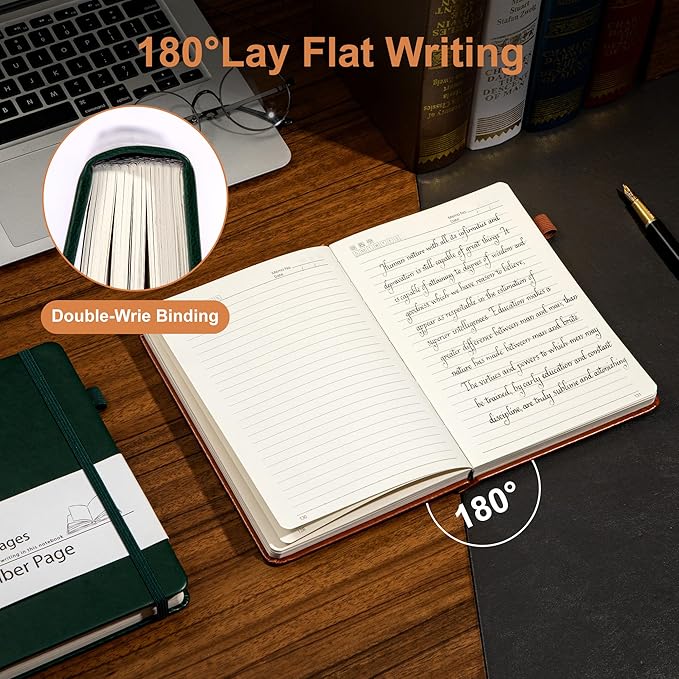 Yoment Leather Journal for Men Women, 324 Numbered Pages Thick Journals for Writing with Contents, A5 Hardcover College Ruled Journaling Notebooks for Travel, Note Taking, Diary, Green