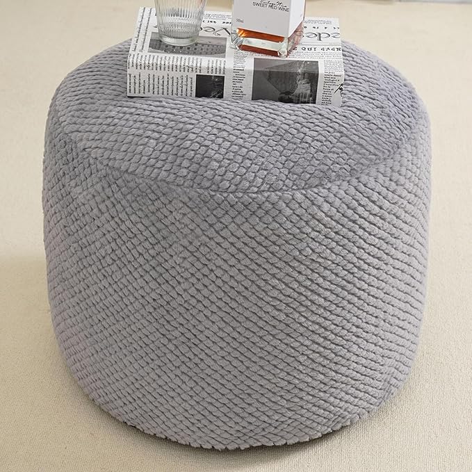 Round Stuffed Pouf Ottoman for Foot Rest, Faux Fur Poufs with Foam Chunk Filling, Storage Ottoman Pouf Foot Stool Cushion Poufs, 20 X 15 Inch Floor Chair for Living Room Bedroom Home Decor, Gray