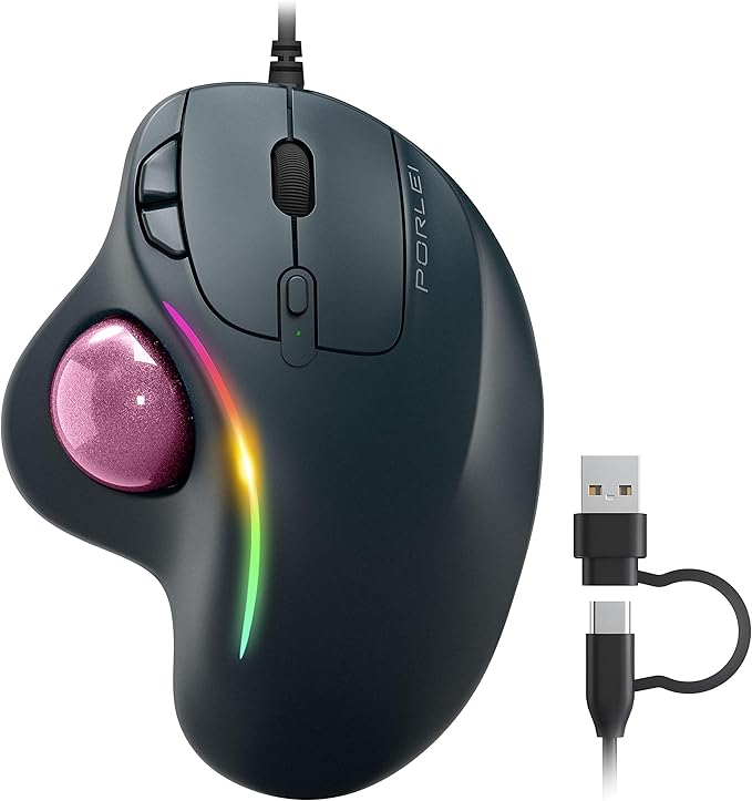 Wired Trackball Mouse with RGB Lighting, Ergonomic Thumb Control to Reduce Muscle Strain, 5 Adjustable DPI, Dual USB-C & USB-A Connectivity, Compatible with PC, Laptop, Mac, Windows-Pink