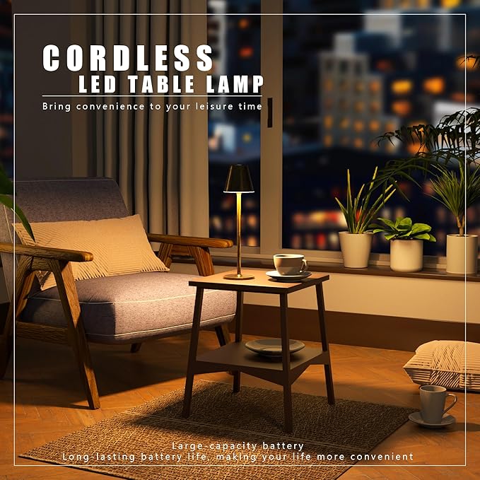LED CordlessTable Lamp,4000mAh Rechargeable Battery Desk lamp,3 Level Brightness Night Light, Minimalist Design, for Couple Dinner/Coffee Table/Restaurant/Bedroom(Vintage Copper)