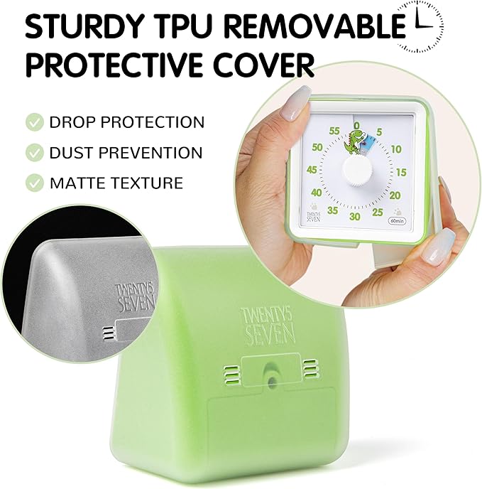Visual Timer with Protective Case, 60-Minute Countdown Timer for Kids Autism ADHD Classroom Home Office with, Countdown Clock for Teaching Work Meeting Time Managemen with Green Dinosaur Pattern