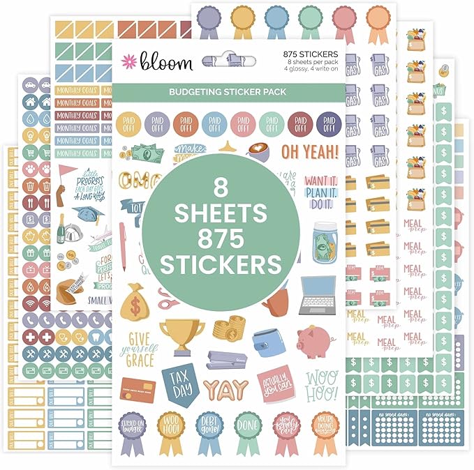 bloom daily planners Budget Planner Stickers for Personal Finance, Budgeting, Money, Bill, Debt and Expense Tracking (8 Sheets, 875 Stickers per Pack)