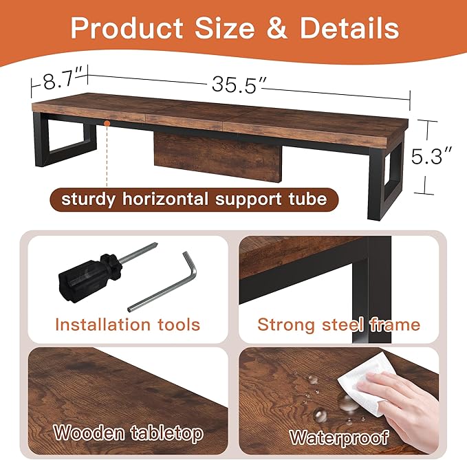 Dual Monitor Stand Riser, Wood and Steel Monitor Riser, Long Computer Monitor Stands for 2 Monitors, Desk Shelf for Computer, Laptop, Printer, TV, Brown