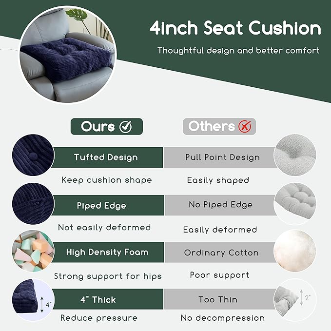Tufted Corduroy Recliner Seat Cushion for Elderly, High Density Foam Large Square Seat Cushion for Recliner Chair, Floor Pillow, Office Chair, Car, No Pressure on Thighs, 20x20x4