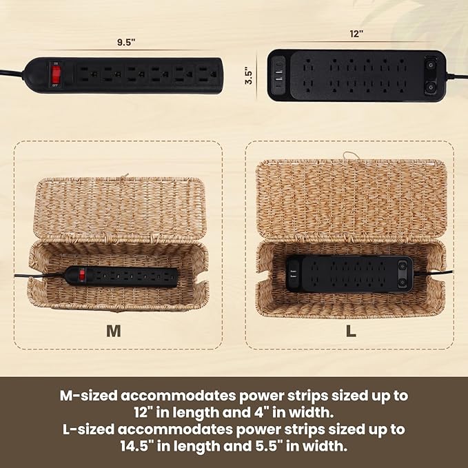 BROWNLILY Cable Management Box, Rattan Style Cord Organizer for Desk Cord Hider Outlet Covers Baby Proofing for Power Strip TV PC Router Charger Under Desk Storage with Lockable Lid and Cable Ties
