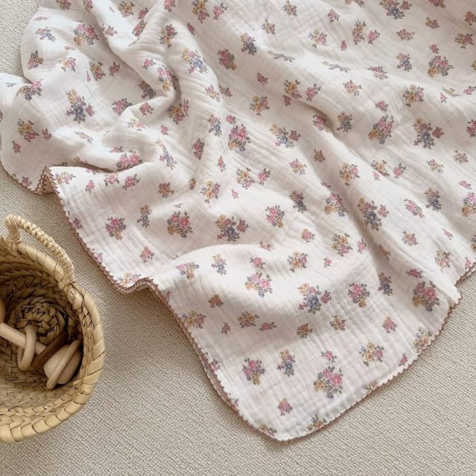 BuLuTu Muslin Cotton Baby Blanket, Tuberose Pattern Crib Blanket 47x51 Inch, Shabby Chic Pink Floral Nursery Blankets for Baby Infant Toddler Girls Boys, Super Soft Lightweight