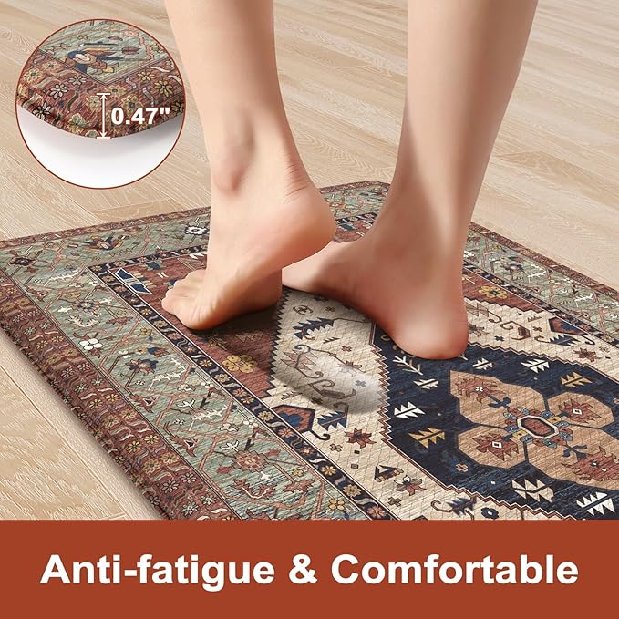 KIMODE Anti Fatigue Mat for Kitchen Floor, Boho Oriental Kitchen Rug, Non Slip Waterproof Kitchen Floor Mat, Vintage Kitchen Mat for Floor, Laundry, Office, Sink, Desk Red 20"x39"