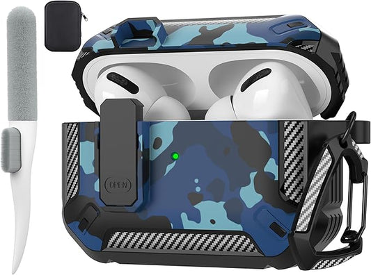 Maxjoy AirPods Pro 2nd/1st Generation Case Cover with Lock, AirPods Pro 2 Protective Case with Keychain Compatible with Apple AirPod Pro2 2023 USB C Cable 2022 Lightning Cable/ Pro1 2019, Blue Camo