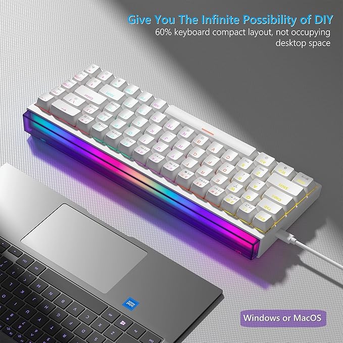 Womier 60% Percent Keyboard with Light Box, Wired Keyboard Gaming Mechanical with MCA Keycaps, OEM Profile, Programable, 64 Keys Hot Swap RGB Cream Key Board for PC Computer Win/MAC (WK68 PRO-White)