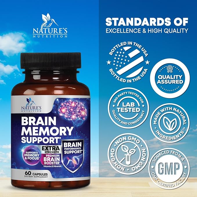 Brain Memory Supplement Pills - Nootropics Support for Concentration, Clarity, Alertness & Focus - Brain Health with Bacopa, Cognitive Vitamins, Phosphatidylserine, DMAE - Brain Booster - 60 Capsules
