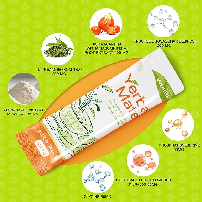 WUEIS Yerba Mate 10000mg Tea Instant Powder,Yerba Magic Powder Single Serve Sticks,Clean Energy,Rich in Prebiotics,Promote Gut Health- Super Yerba,Low Sugar-Natural Caffeine-Orange Flavor-30 Servings
