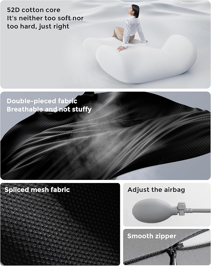 BEBAS Lumbar Support Pillow for Office Chair & Car Seat - Memory Foam Back Cushion with Adjustable Air Cushion, Dual Strap System for Back Pain Relief (Fits Gaming/Home Chairs)