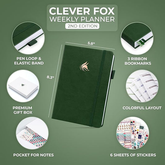 Clever Fox Planner 2nd Edition – Colorful Weekly & Monthly Goal Planner, Time Management & Productivity Organizer, Undated, A5 (Forest Green)