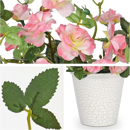 Hollyone Artificial Plants & Flowers in Vase Pink Camellia Roses Small Faux Flower Plant Arrangement with Pot Fake Rose Flowers Home Decor Office Bathroom Shelf Desk Table Decoration