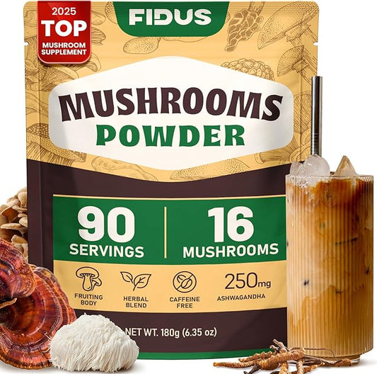 Fidus 16 Mushroom Supplement Powder with 17,300mg, 90 Servings Mushroom Coffee Alternative for Immunity, Focus & Energy with Ashwagandha, Lion's Mane, Chaga, Reishi and Cordyceps, 100% Fruiting Bodies