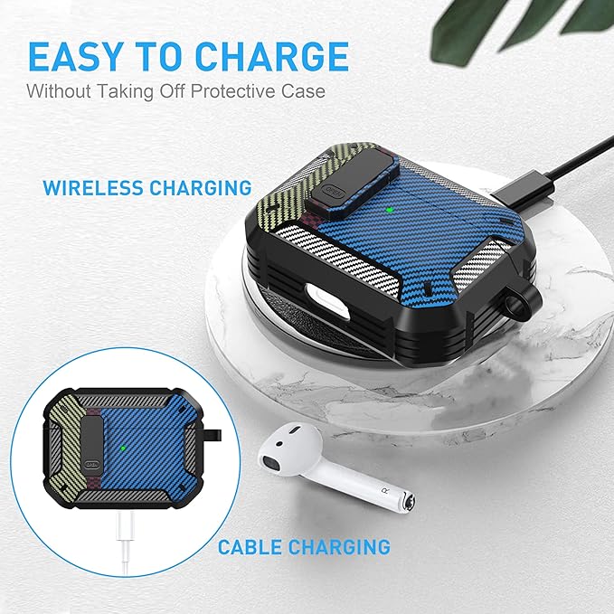 Maxjoy for AirPods Pro Case Cover with Lock, AirPods Pro 1st Generation Case for Men Military Rugged Protective Cover with Keychain Compatible with Apple AirPod Pros 2019 Front LED, Carbon Fiber Blue